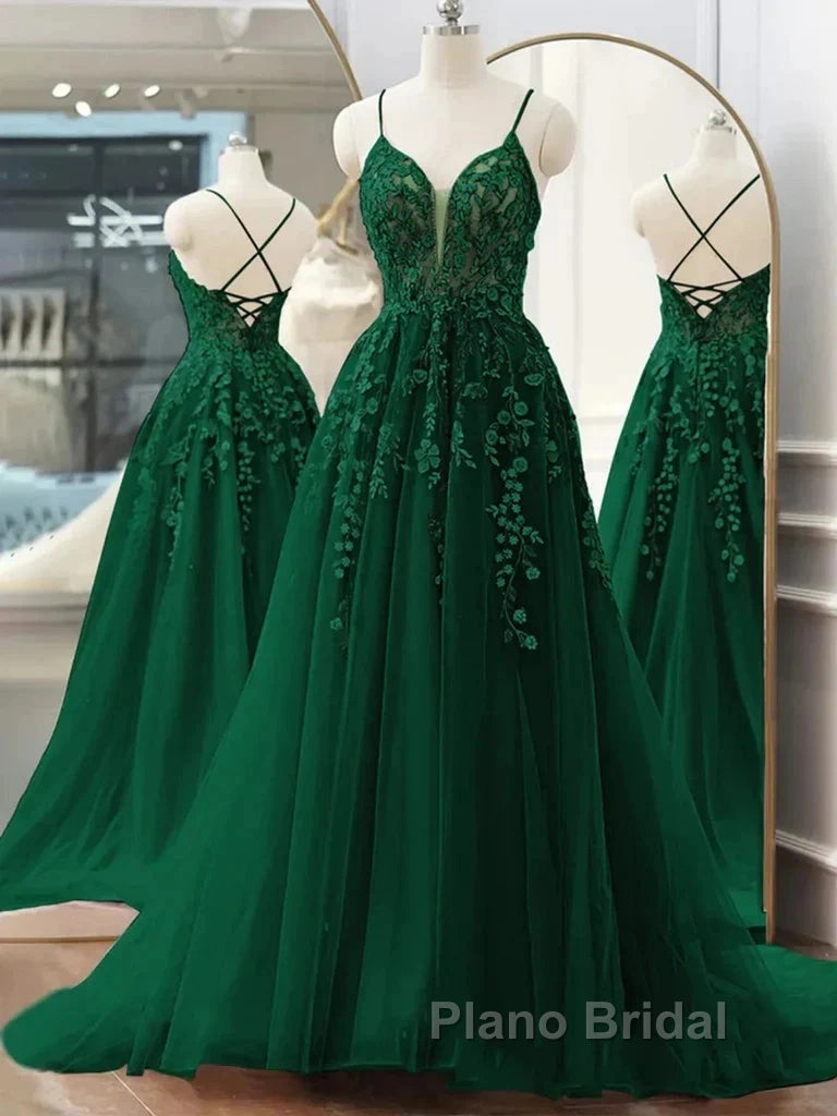 Dark Green A-Line Tulle Lace Long Formal Prom Dresses V Neck Lace Formal Evening Dresses Secondary image