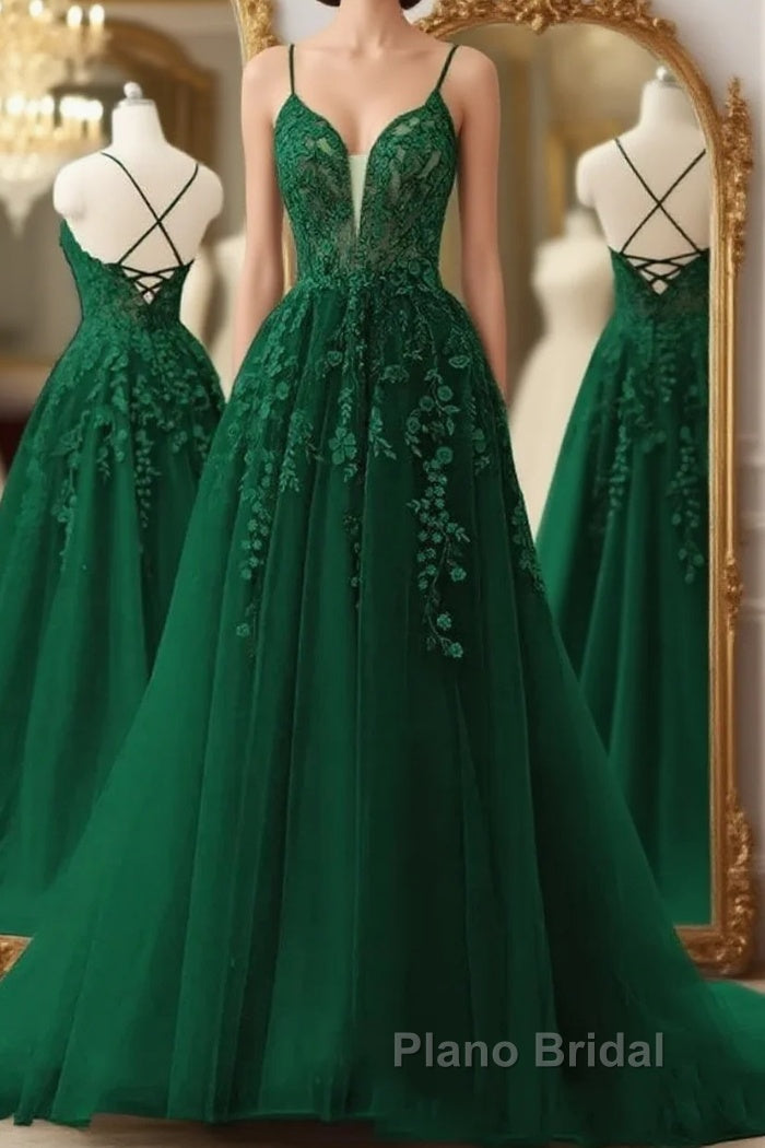 Dark Green A-Line Tulle Lace Long Formal Prom Dresses V Neck Lace Formal Evening Dresses Main image