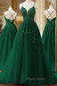 Dark Green A-line V-neckline Tulle and Lace Party Dresses, Green Long Formal Prom Dresses