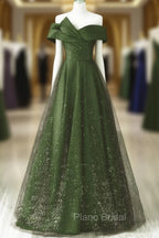 Dark Green and Black A-line Satin Long Party Dresses, Simple Long Formal Prom Dresses