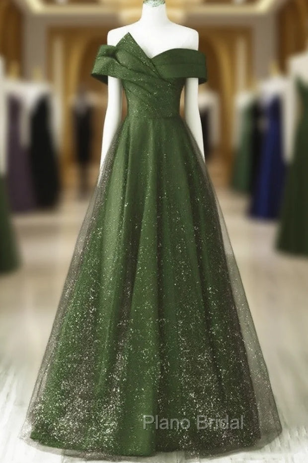 Dark Green and Black A-line Satin Long Party Dresses, Simple Long Formal Prom Dresses
