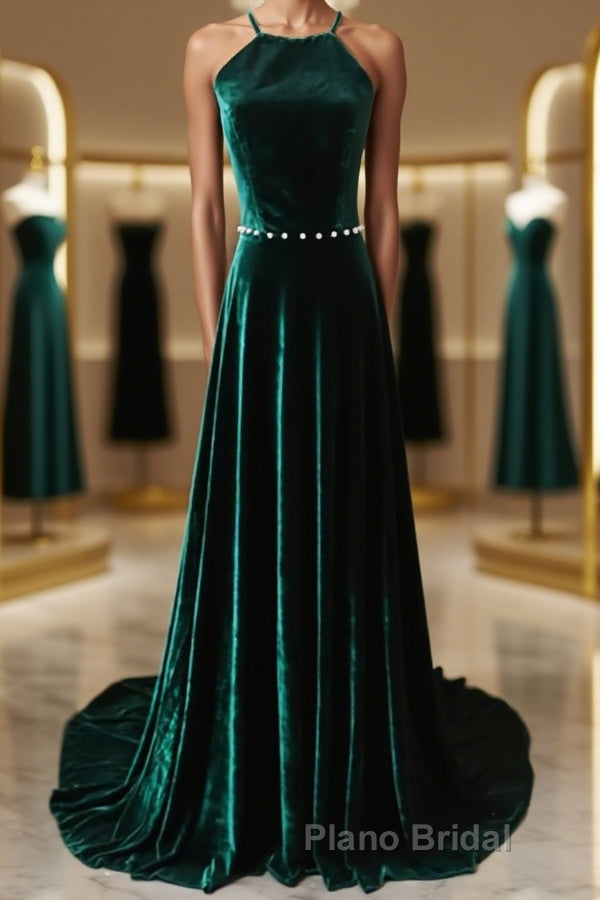 Dark Green Backless Long Formal Prom Dresses, Dark Green Long Formal Evening Bridesmaid Dresses Main image