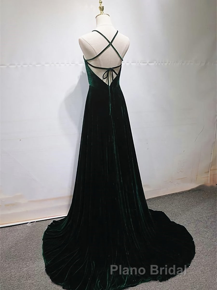 Dark Green Backless Long Formal Prom Dresses, Dark Green Long Formal Evening Bridesmaid Dresses