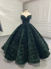 Dark Green Ball Gown Sequins Off the Shoulder Prom Dress