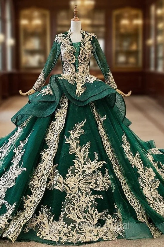 Dark Green Ball Gown Tulle Appliques V-neck Long Sleeve Wedding Dresses Main image