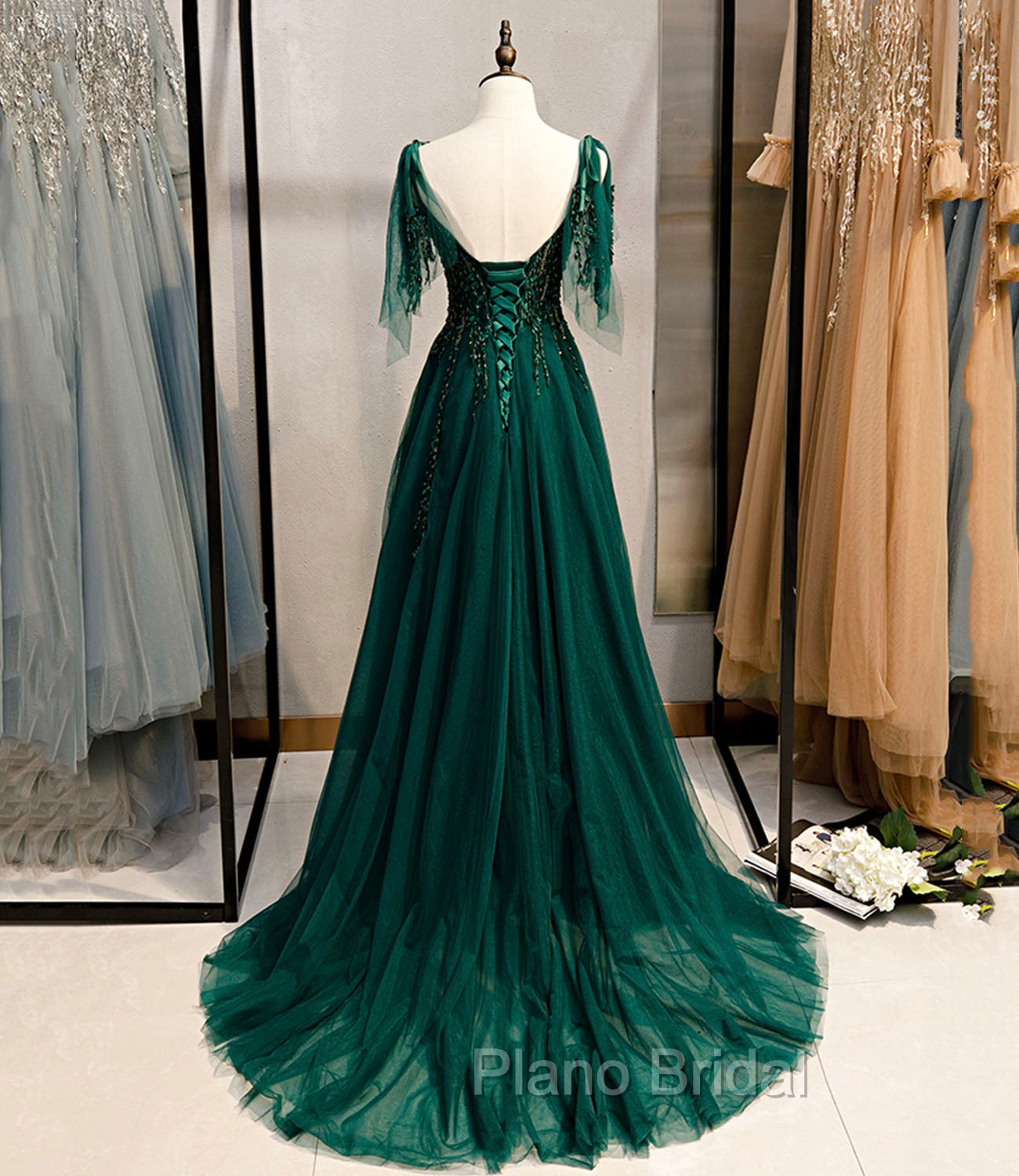 Dark Green Beaded Tulle Straps A-line Formal Dresses, Green Evening Dresses Formal Prom Dresses