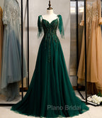 Dark Green Beaded Tulle Straps A-line Formal Dresses, Green Evening Dresses Formal Prom Dresses