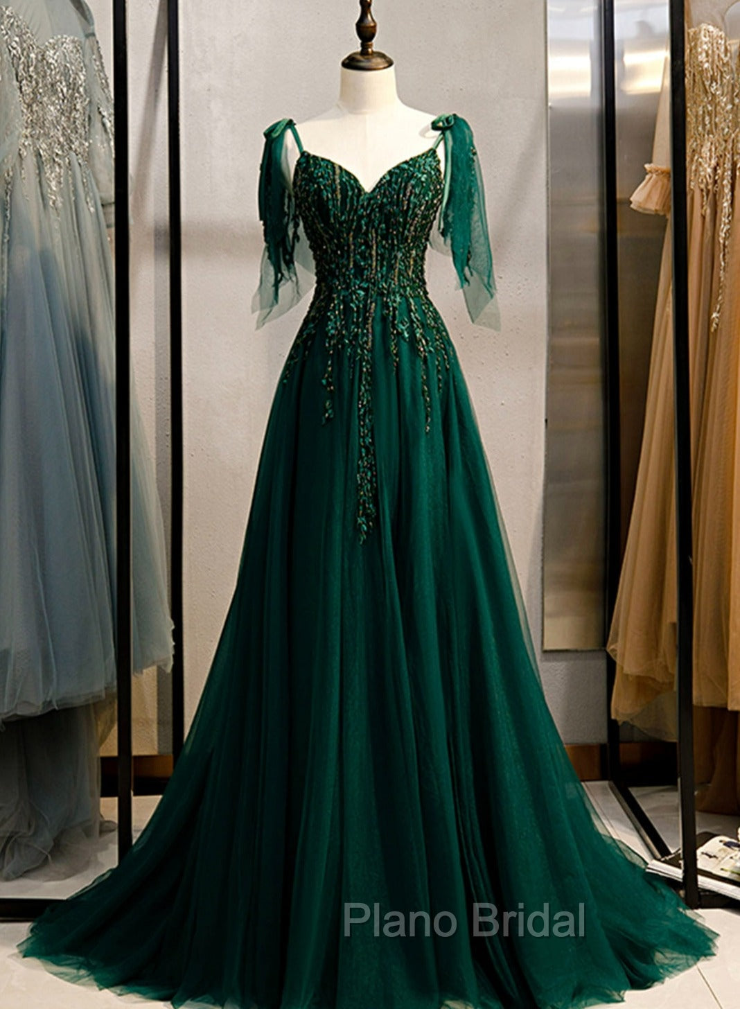 Dark Green Beaded Tulle Straps A-line Formal Dresses, Green Evening Dresses Formal Prom Dresses Main image