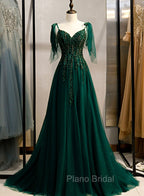 Dark Green Beaded Tulle Straps A-line Formal Dresses, Green Evening Dresses Formal Prom Dresses