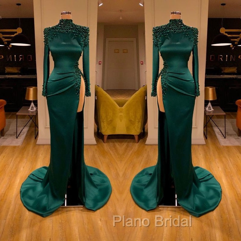 Dark Green Beadings Pearl Long Sleeves Evening Gowns Mermaid Formal Prom Dresses With Slit Secondary image
