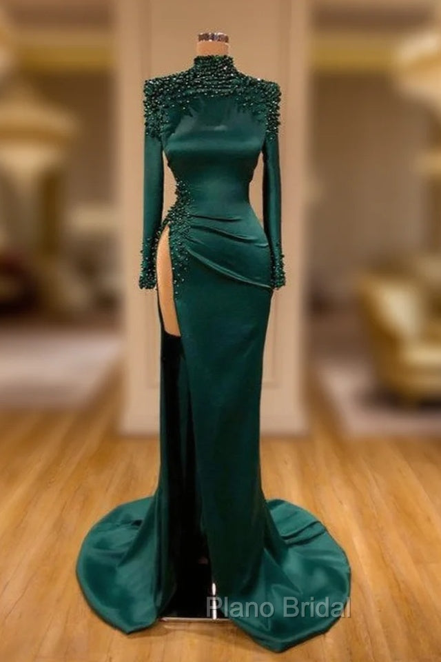 Dark Green Beadings Pearl Long Sleeves Evening Gowns Mermaid Formal Prom Dresses With Slit Main image