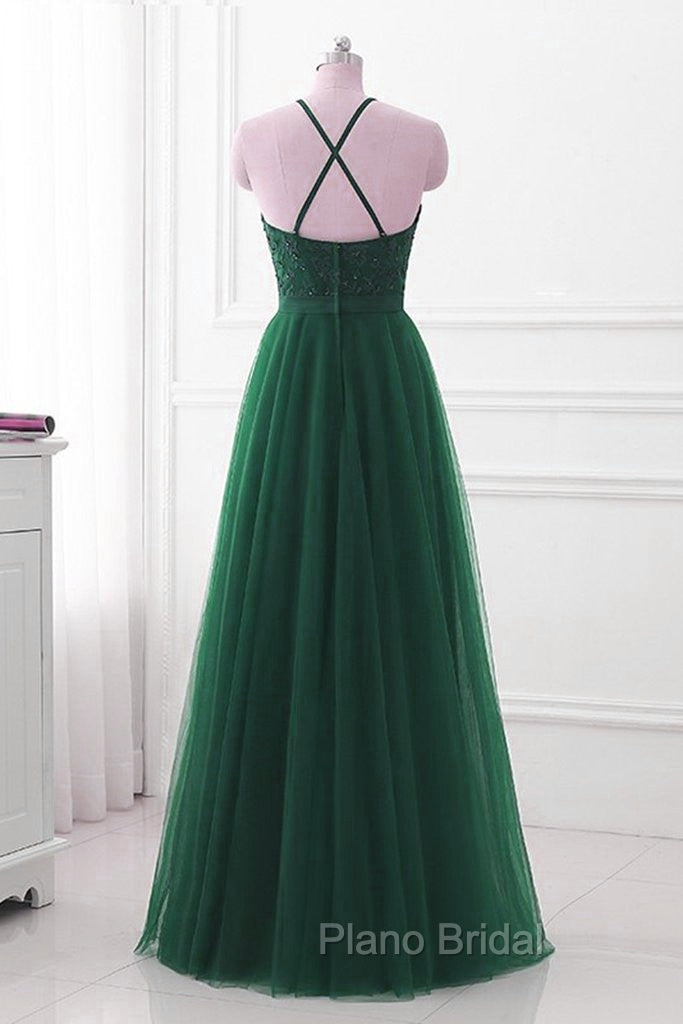 Dark Green Cross Back Tulle Halter Long Party Dresses, A-line Junior Formal Prom Dresses