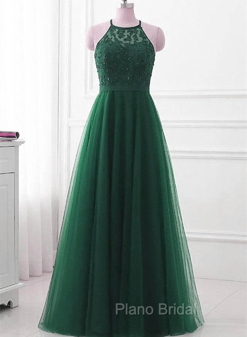 Dark Green Cross Back Tulle Halter Long Party Dresses, A-line Junior Formal Prom Dresses Secondary image
