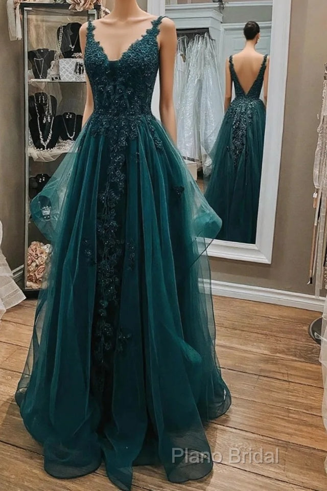 Dark Green Lace Beaded Long Formal Prom Dresses, V Neck Backless Formal Dresses