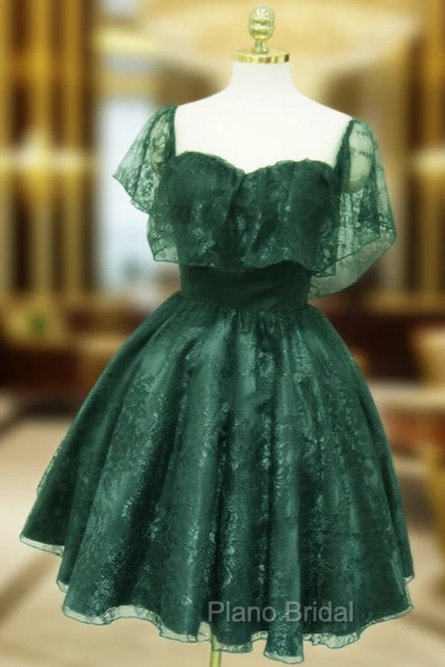 Dark Green Lace Off Shoulder Short Party Dresses, Lace Homecoming Dresses Main image