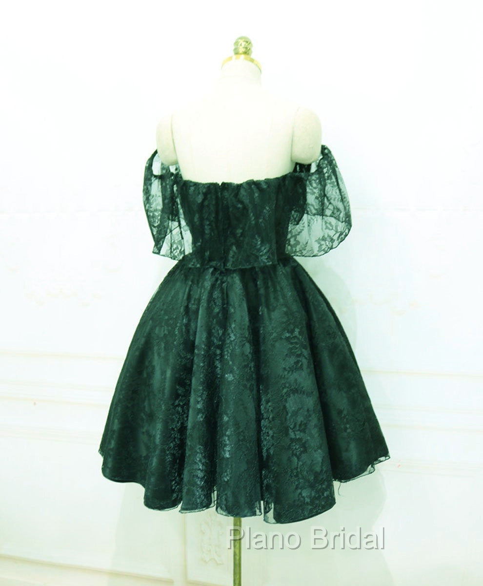 Dark Green Lace Off Shoulder Short Party Dresses, Lace Homecoming Dresses