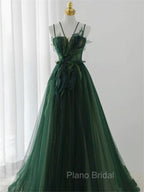 Dark Green Long Beaded A-line Evening Dresses Party Dresses, Green Formal Prom Dresses
