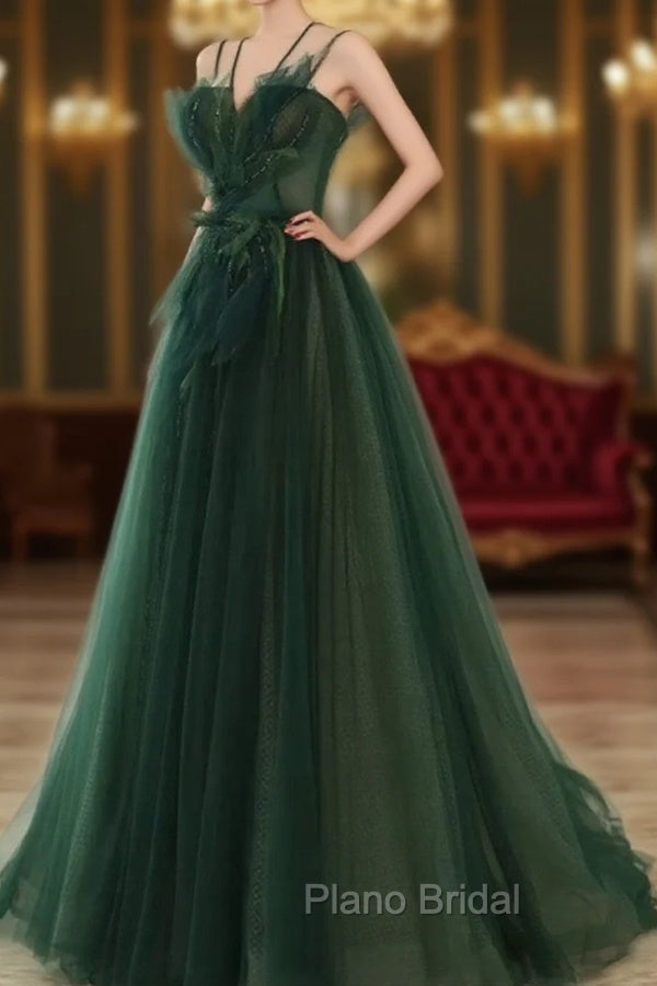 Dark Green Long Beaded A-line Evening Dresses Party Dresses, Green Formal Prom Dresses Main image