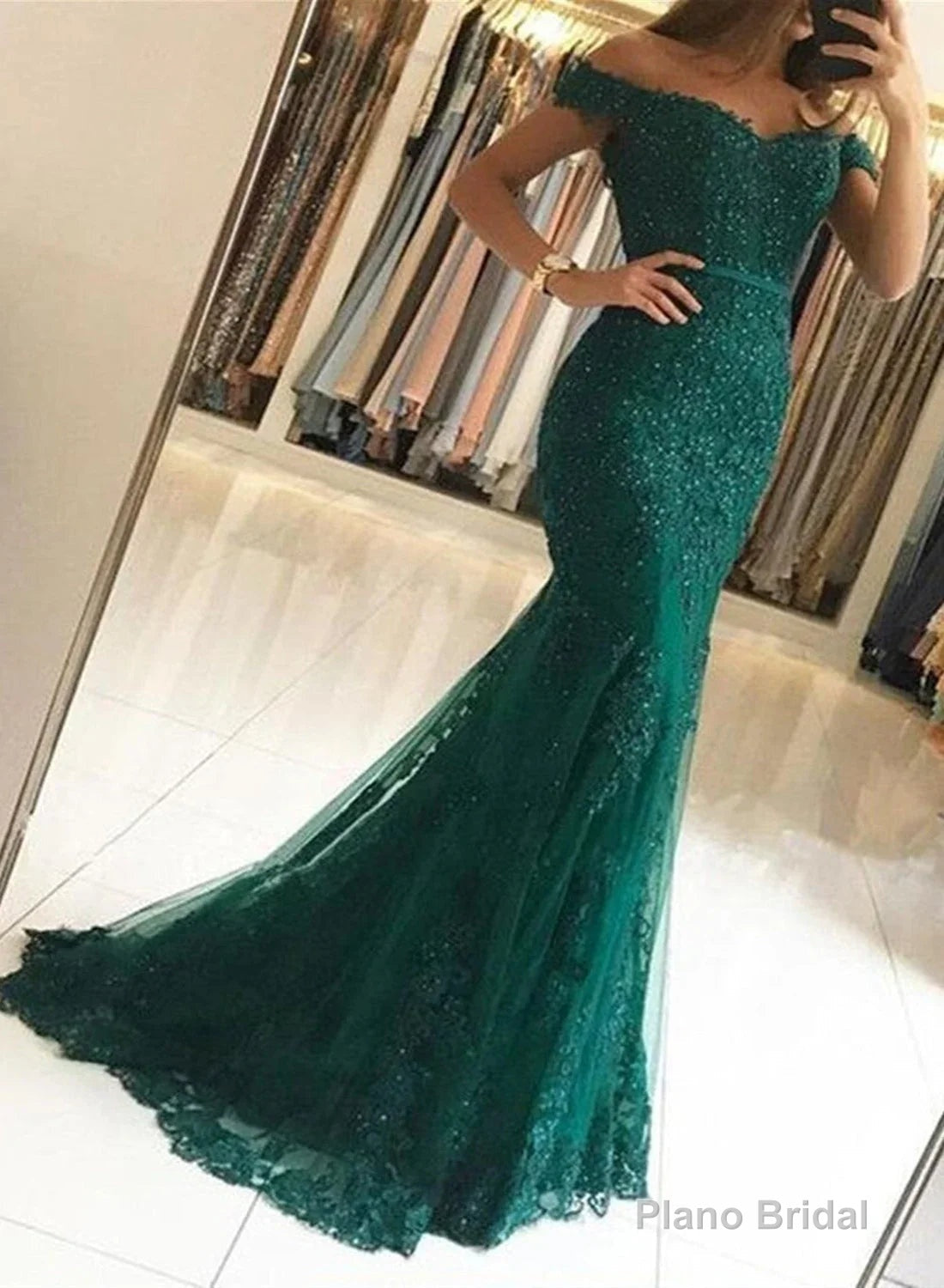 Dark Green Mermaid Off Shoulder Party Dress with Lace Mermaid Prom Dress prom dresses shops Main image