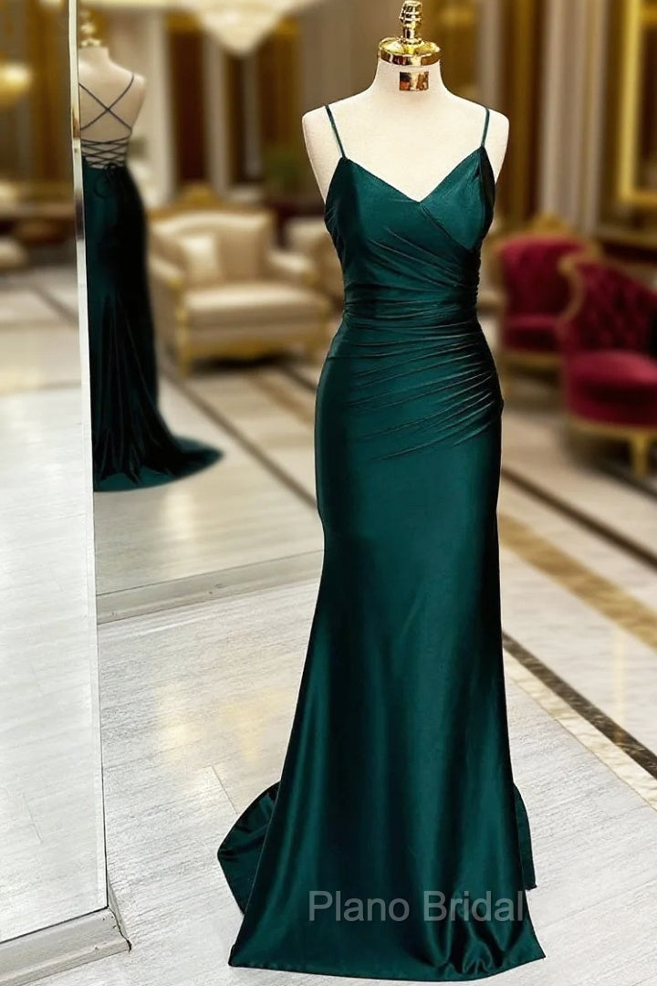 Dark Green Mermaid Satin Long Formal Prom Dresses Main image