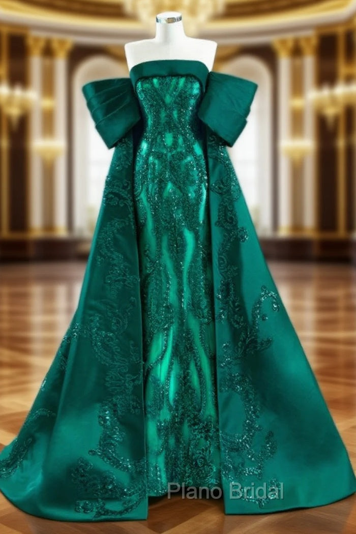 Dark Green Mermaid Satin Sequins Pleats Formal Prom Dresses