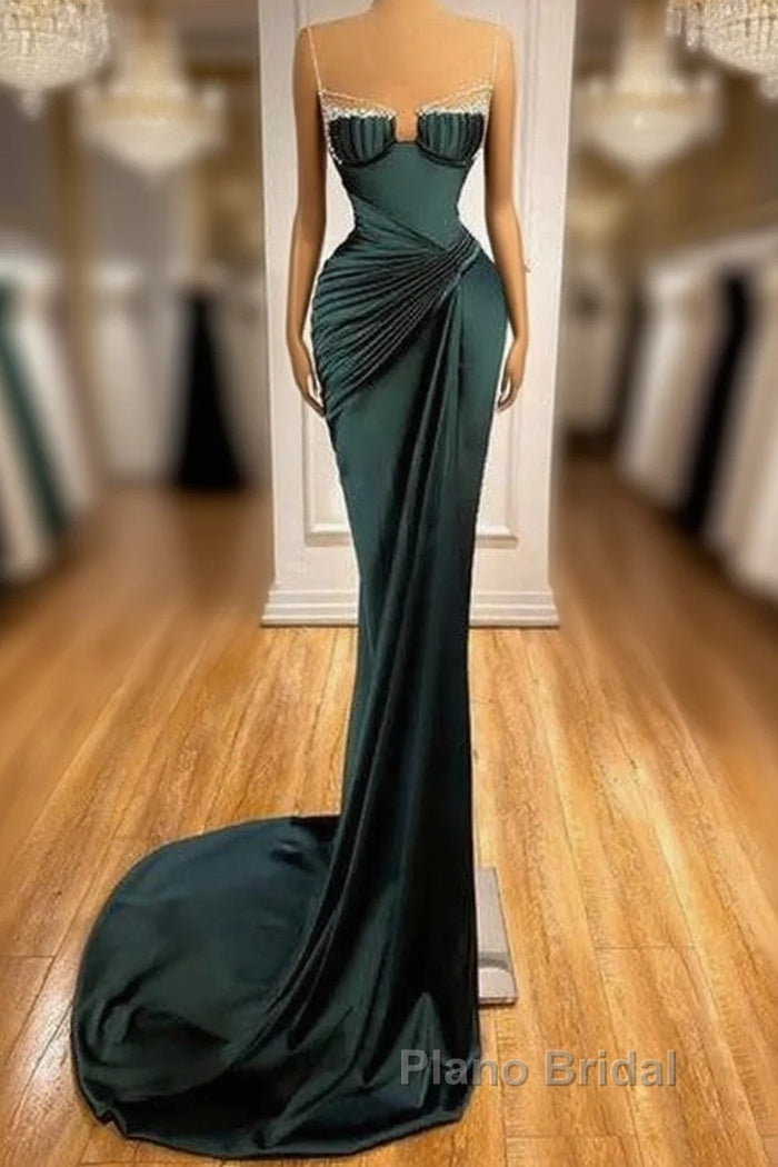 Dark Green Mermaid Spaghetti-Straps Satin Long Formal Prom Dresses With Beadings Main image
