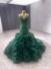 Dark Green Mermaid Strapless Ruffles Beading Prom Dress