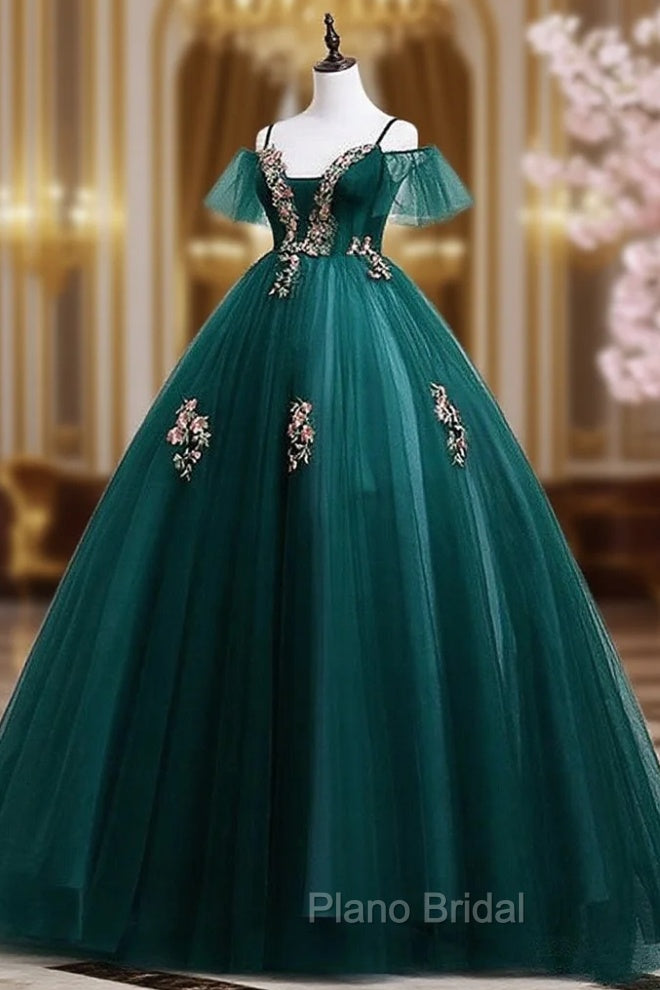 Dark Green Off Shoulder Tulle Party Dresses with Lace, Green Formal Dresses Formal Prom Dresses