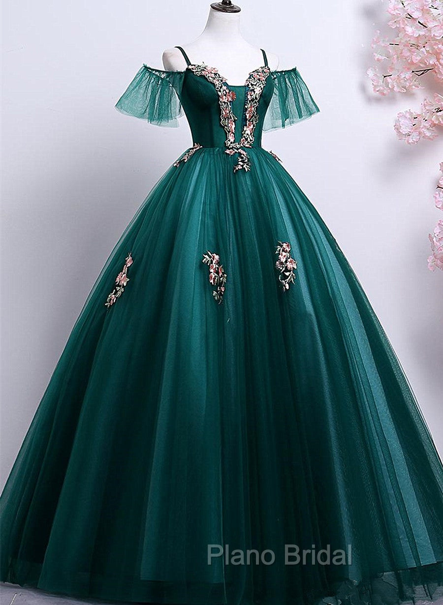 Dark Green Off Shoulder Tulle Party Dresses with Lace, Green Formal Dresses Formal Prom Dresses