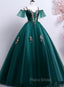 Dark Green Off Shoulder Tulle Party Dresses with Lace, Green Formal Dresses Formal Prom Dresses