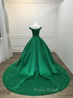 Dark Green Satin Ball Gown Long Evening Dresses Formal Prom Dresses, Green Formal Dresses