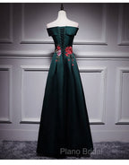 Dark Green Satin Off Shoulder Floor Length Satin Party Dresses, Green Formal Prom Dresses Formal Dresses