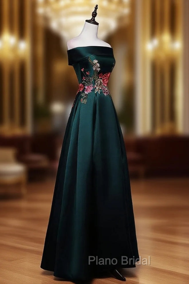 Dark Green Satin Off Shoulder Floor Length Satin Party Dresses, Green Formal Prom Dresses Formal Dresses Main image