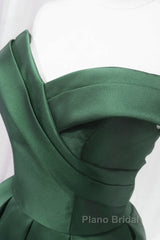 Dark Green Satin Off Shoulder Knee Length Party Dresses, Green Homecoming Dresses Formal Prom Dresses