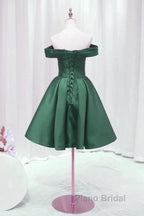 Dark Green Satin Off Shoulder Knee Length Party Dresses, Green Homecoming Dresses Formal Prom Dresses