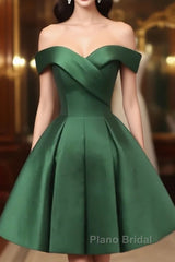 Dark Green Satin Off Shoulder Knee Length Party Dresses, Green Homecoming Dresses Formal Prom Dresses