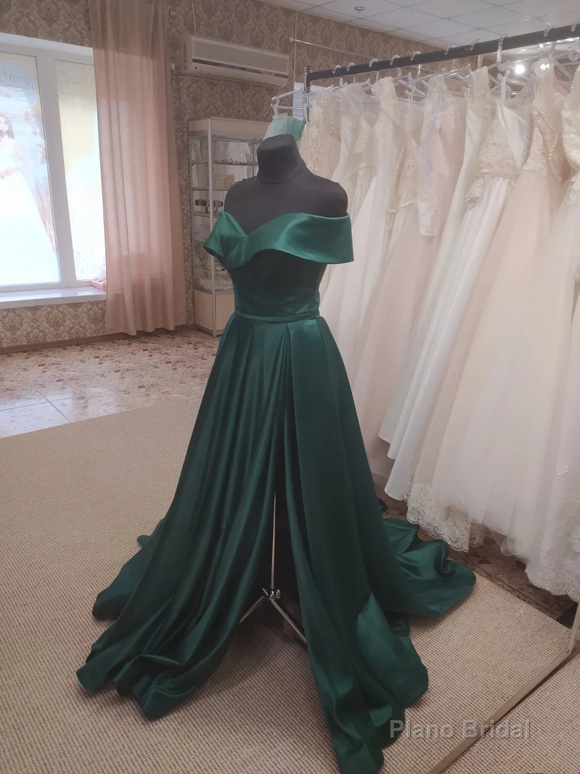 Dark Green Satin Off Shoulder Long Formal Dress with Slit, Long Evening Dresses Secondary image
