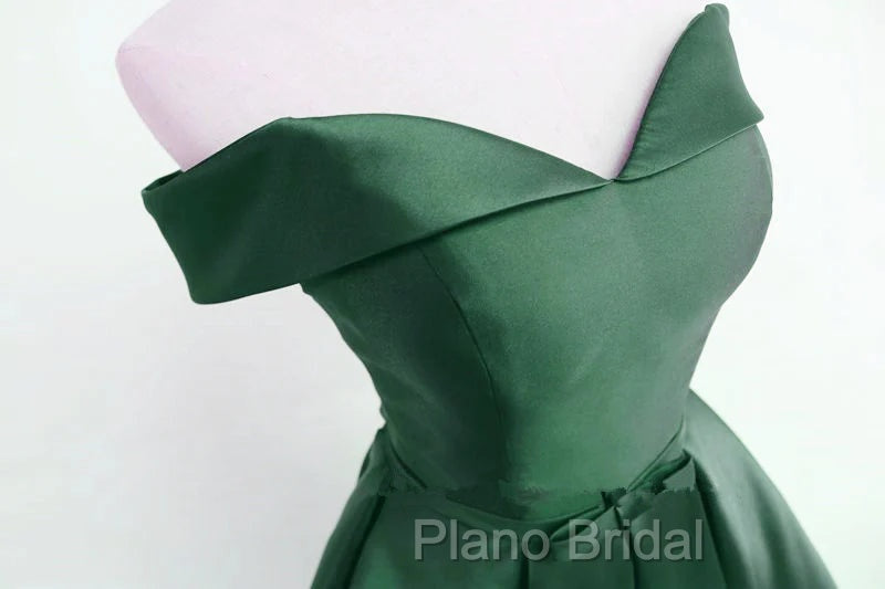 Dark Green Satin Off Shoulder Short Formal Prom Dresses, Green Homecoming Dresses Secondary image