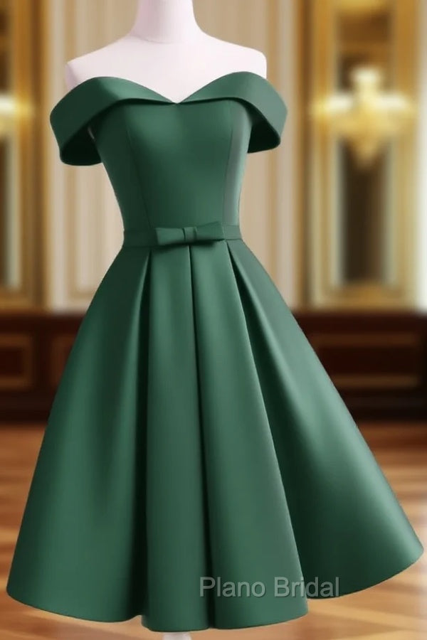 Dark Green Satin Off Shoulder Short Formal Prom Dresses, Green Homecoming Dresses Main image