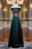 Dark Green Satin Off the Shoulder Appliques Formal Prom Dresses