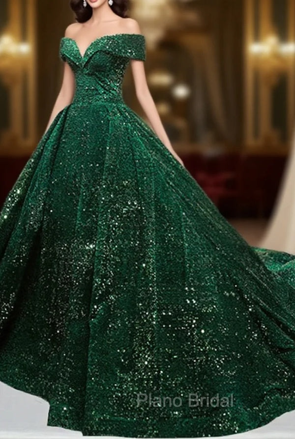 Dark Green Sequins Off Shoulder Ball Gown Sweet 16 Dresses, Dark Green Formal Prom Dresses Secondary image