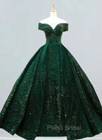 Dark Green Sequins Off Shoulder Ball Gown Sweet 16 Dresses, Dark Green Formal Prom Dresses