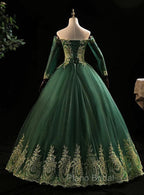 Dark Green Sleeves with Gold Lace Sweet 16 Dresses, Dark Green Long Formal Dresses
