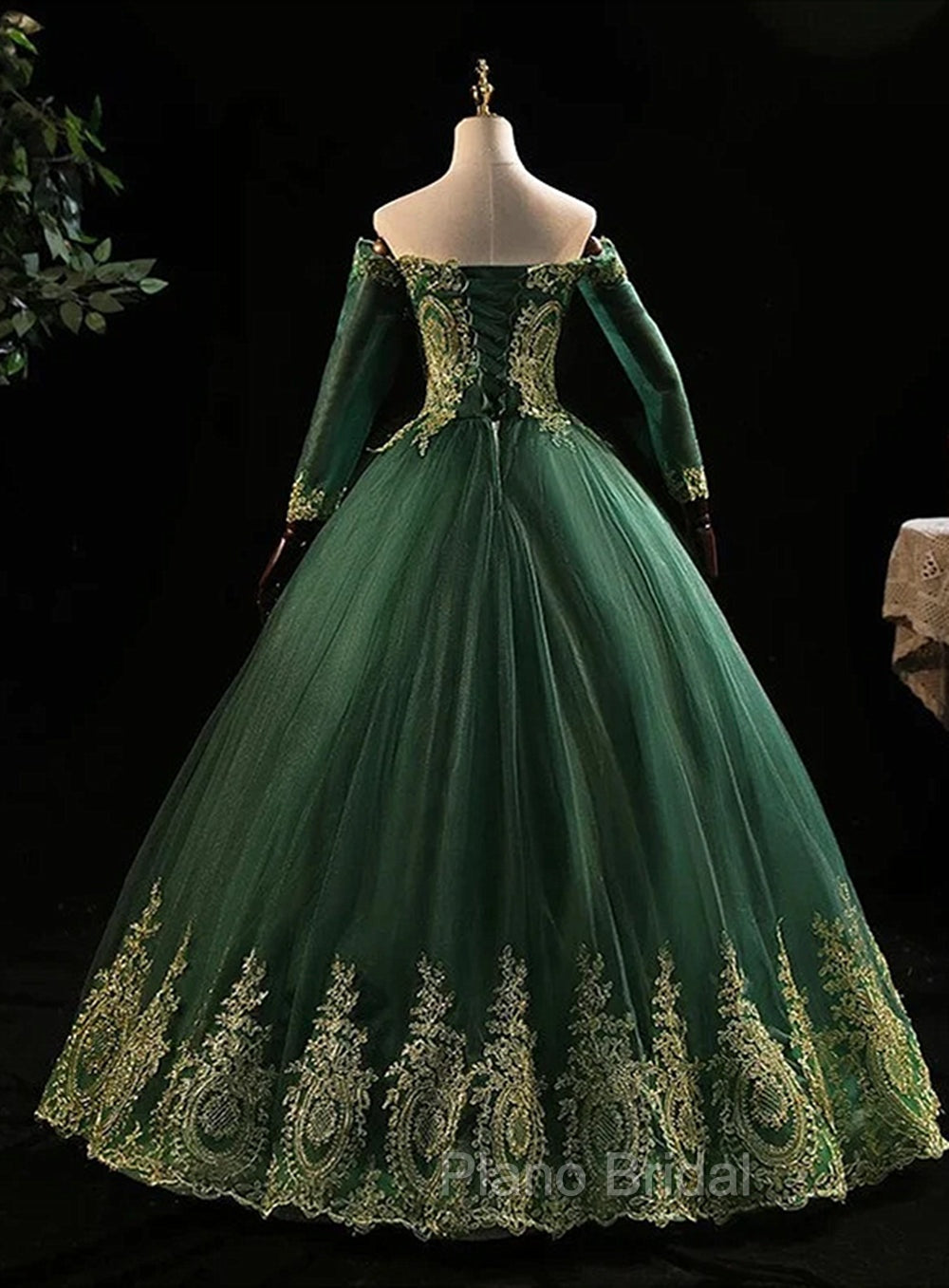 Dark Green Sleeves with Gold Lace Sweet 16 Dresses, Dark Green Long Formal Dresses