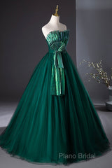 Dark Green Strapless Tulle Long Formal Prom Dresses, Beautiful A-Line Formal Dresses