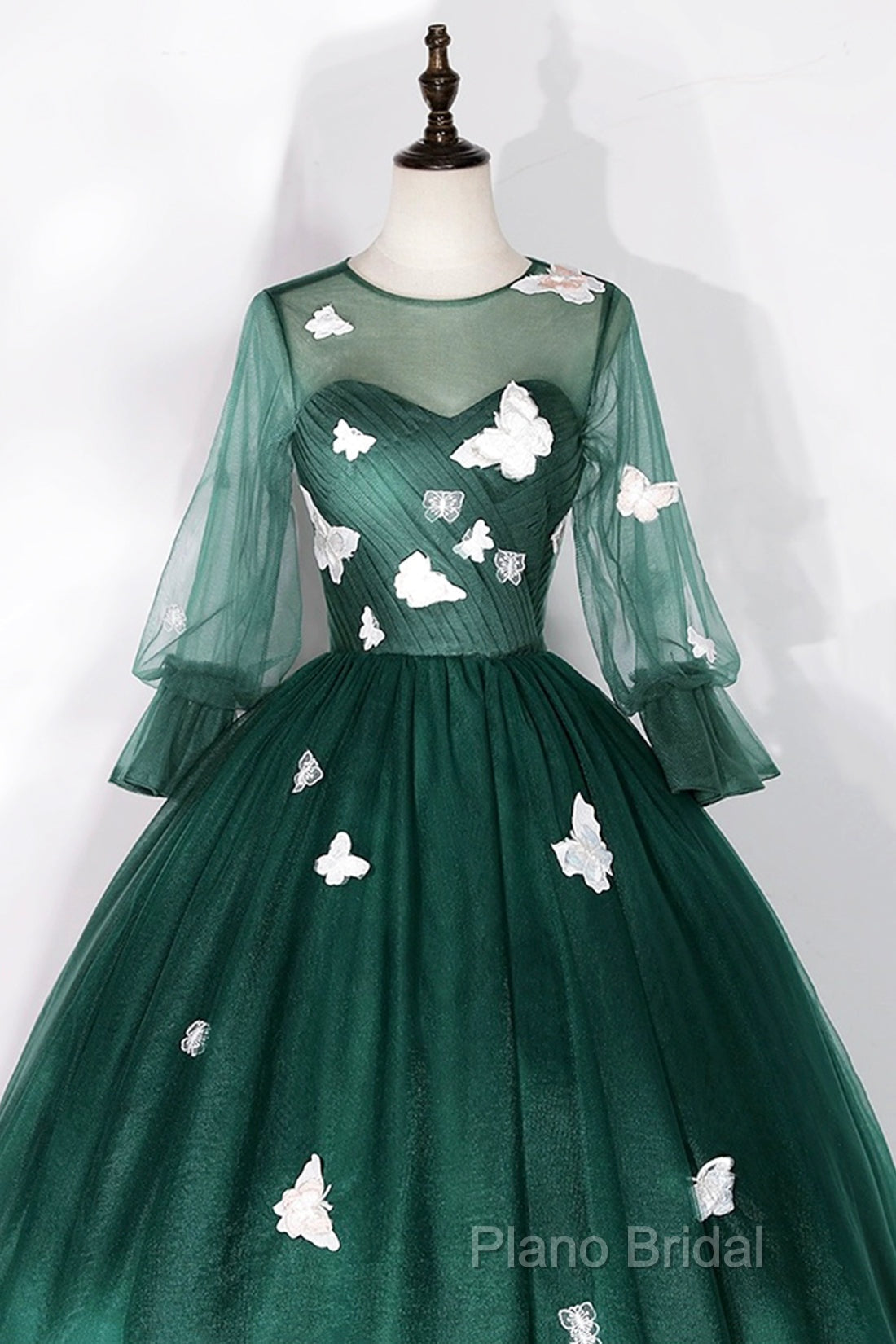 Dark Green Tulle Long Formal Prom Dresses, A-Line Long Sleeve Formal Party Dresses With Butterfly Appliques Secondary image