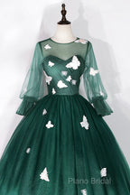 Dark Green Tulle Long Formal Prom Dresses, A-Line Long Sleeve Formal Party Dresses With Butterfly Appliques