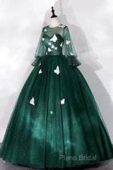 Dark Green Tulle Long Formal Prom Dresses, A-Line Long Sleeve Formal Party Dresses With Butterfly Appliques