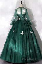 Dark Green Tulle Long Formal Prom Dresses, A-Line Long Sleeve Formal Party Dresses With Butterfly Appliques