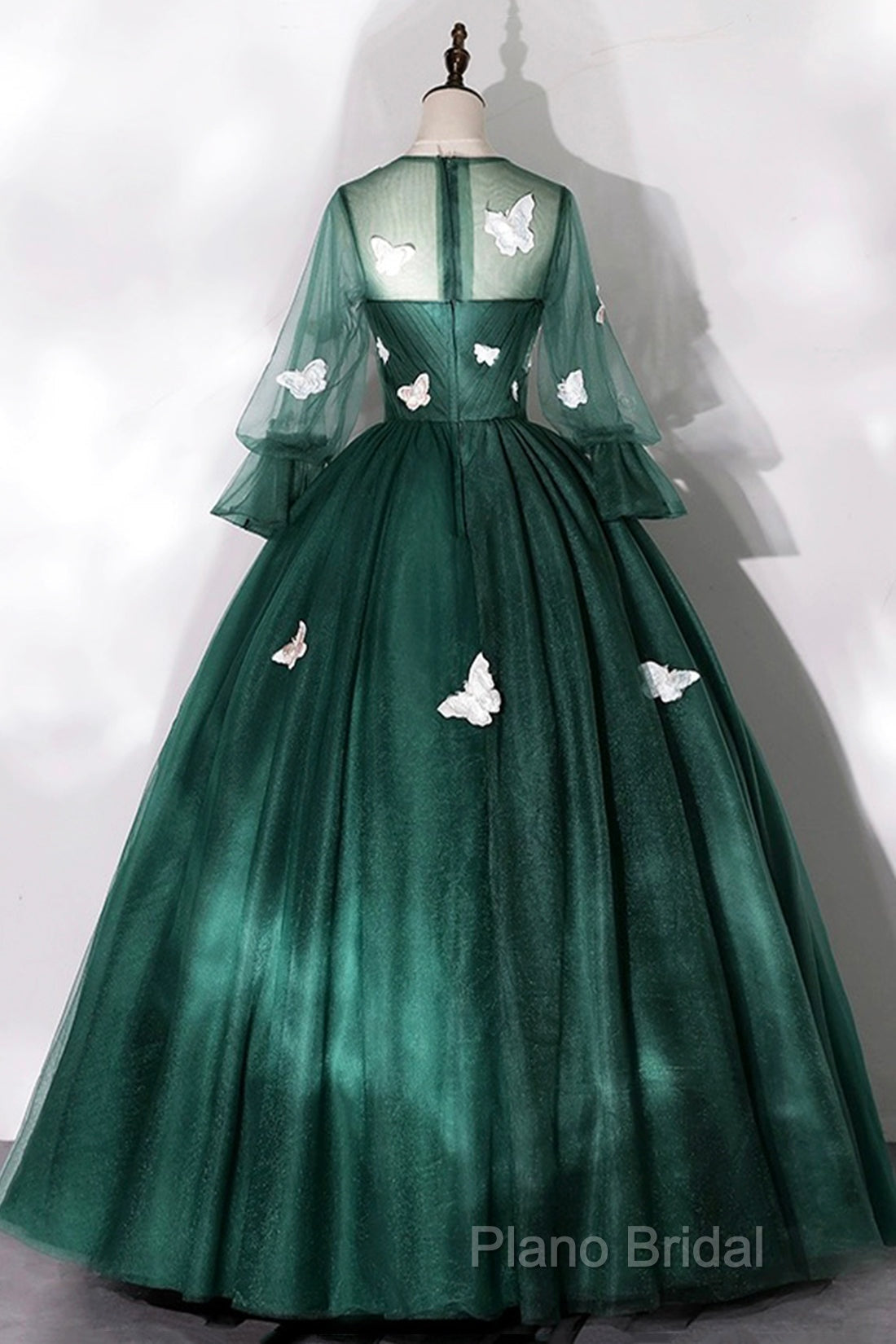 Dark Green Tulle Long Formal Prom Dresses, A-Line Long Sleeve Formal Party Dresses With Butterfly Appliques
